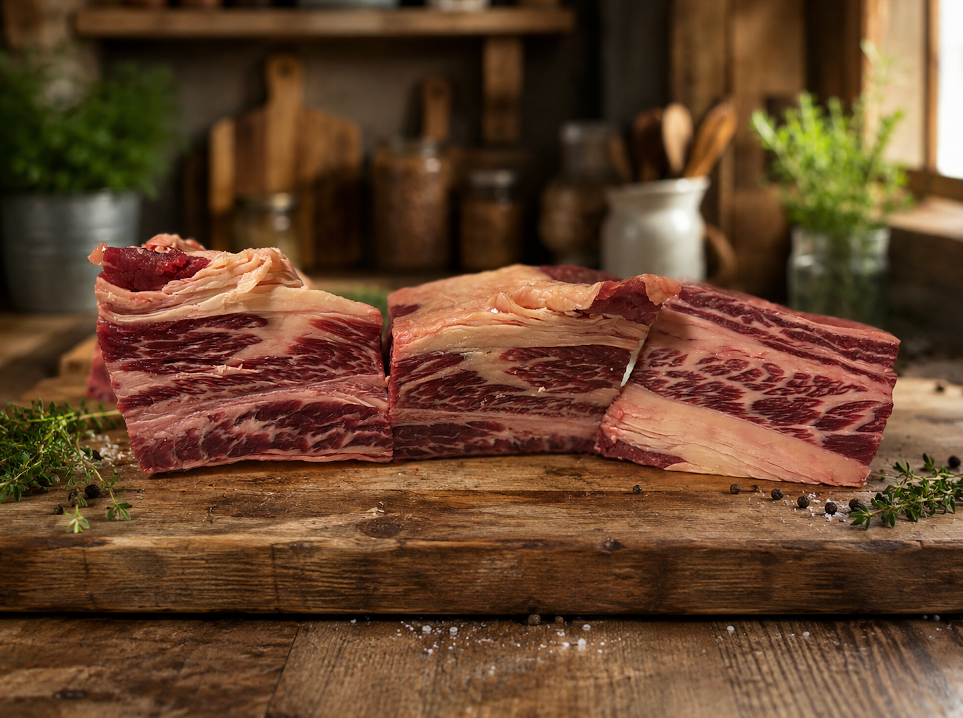 Beef short ribs on a rustic wooden board