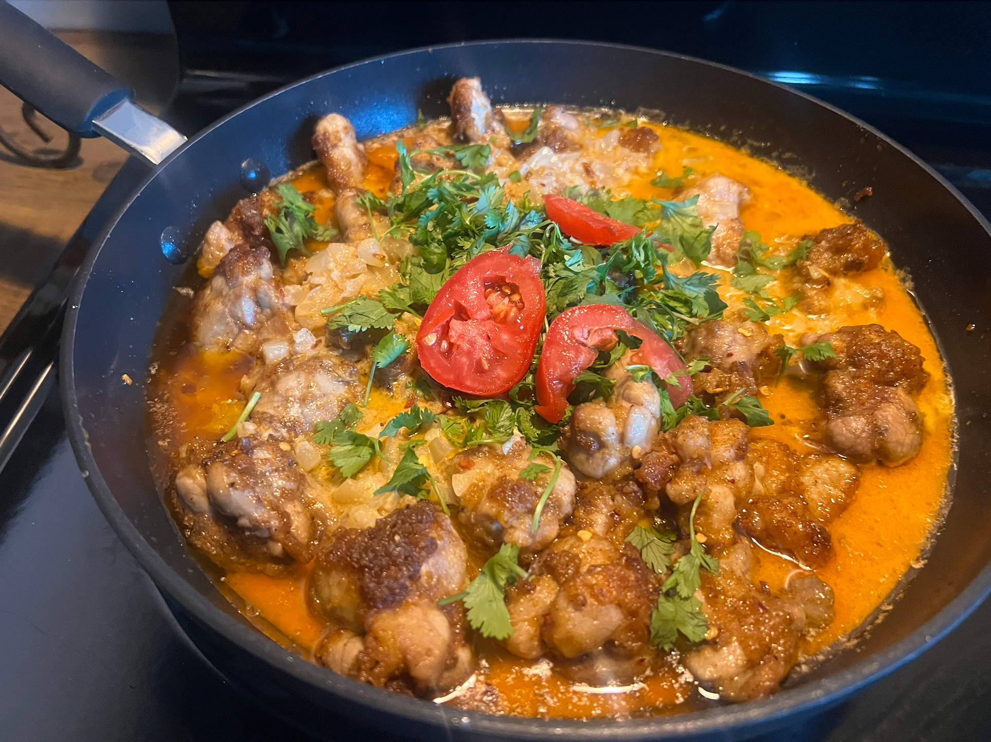 Beef tips in a spiced tomato pan sauce