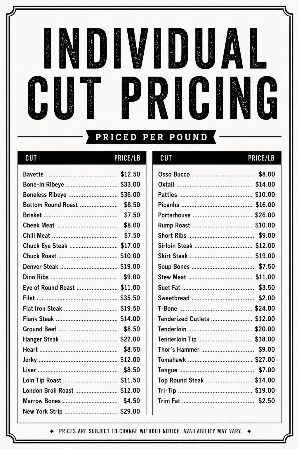 TK Beef individual cut price list